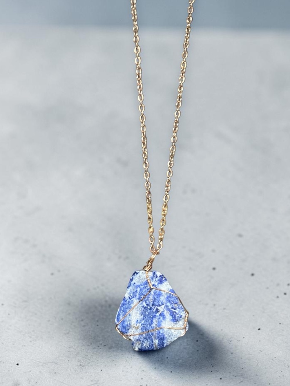 LAPIS LAZULI natural raw cut wire wrapped stone pendant necklace gold chain NEW